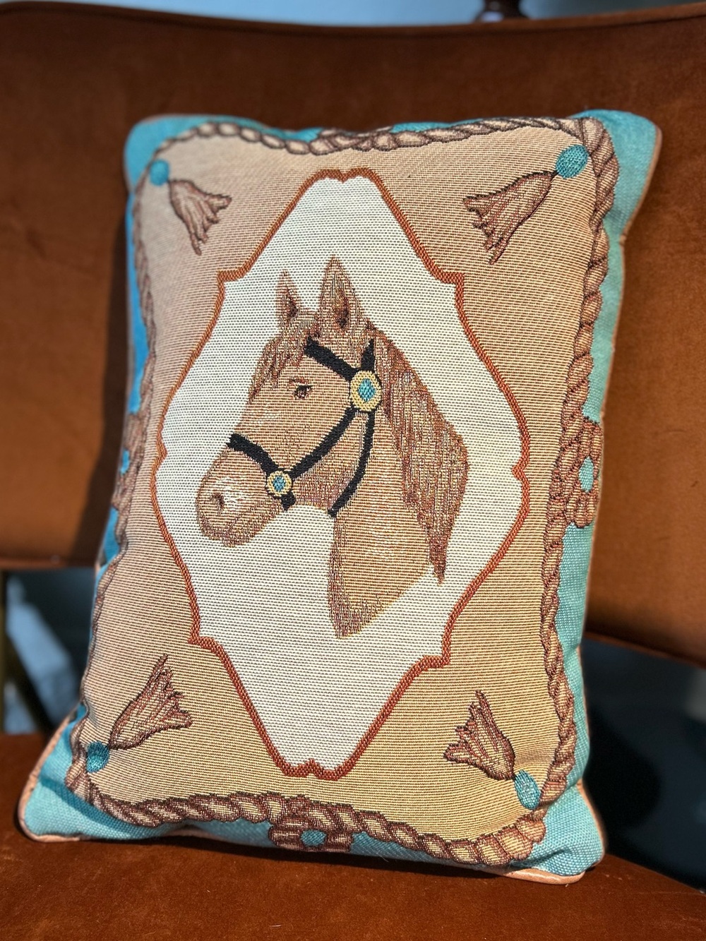 Equestrian Tapestry Horse Head and Cowboy Boots Pillow